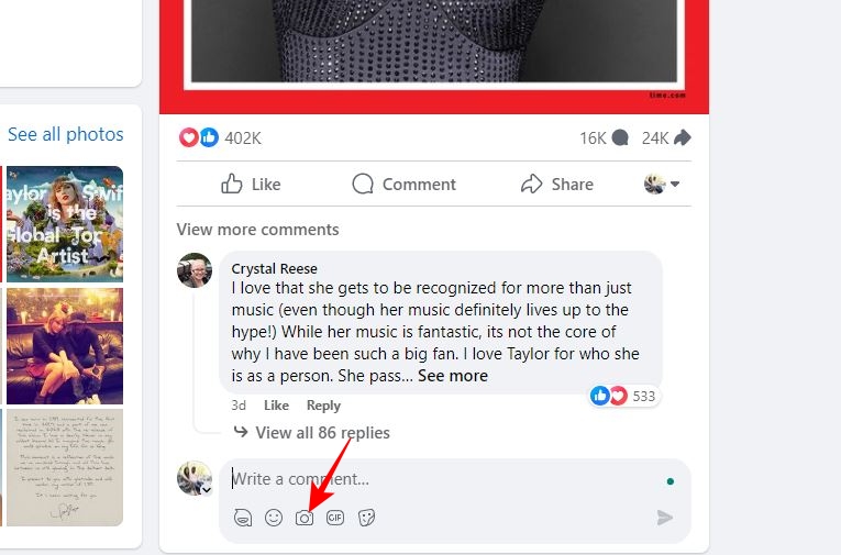 Facebook コメントのカメラアイコン