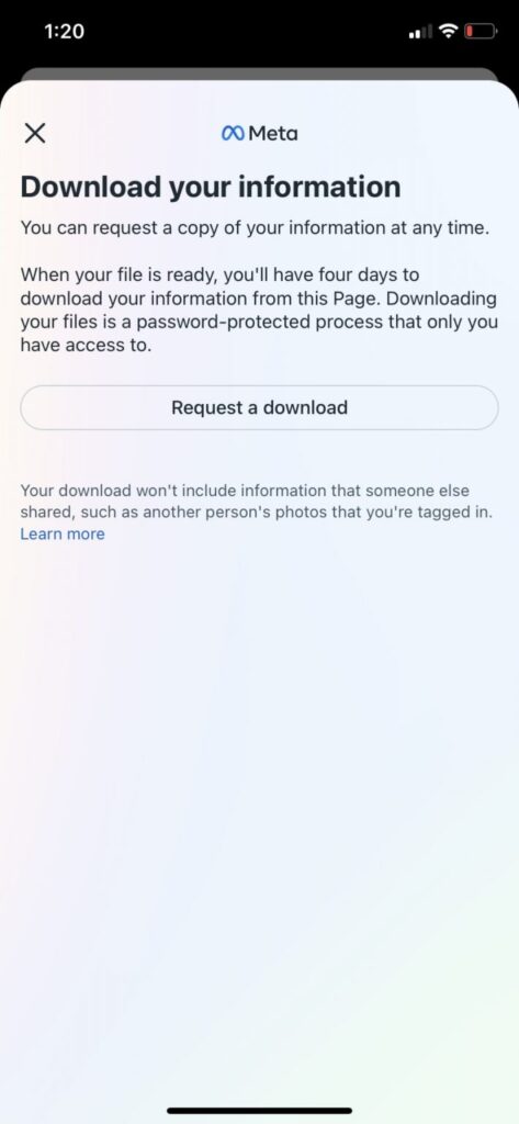 Facebook 情報をダウンロード メニュー ダウンロードボタンをリクエスト