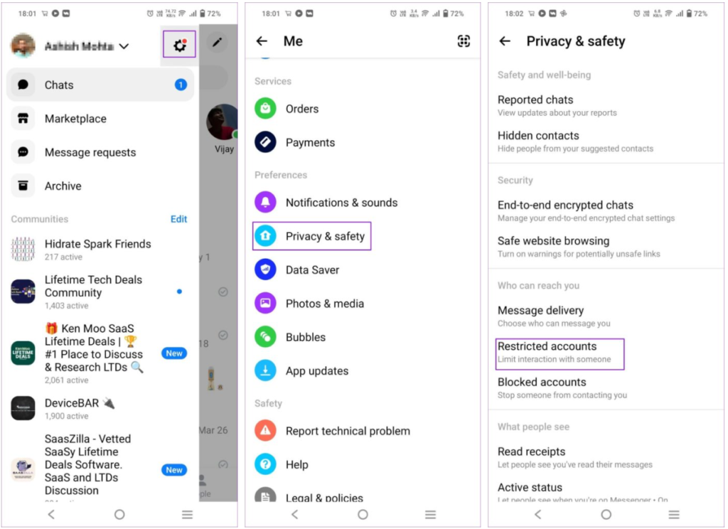 Messenger 設定からユーザーを表示して制限を解除する方法