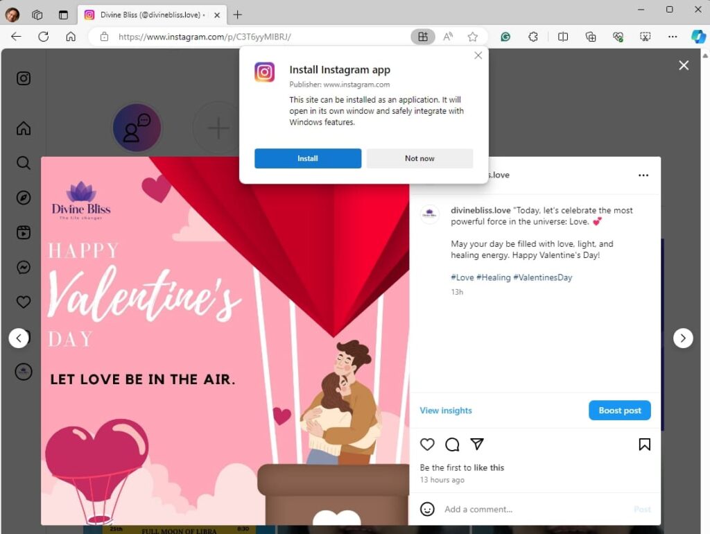 インスタグラムウェブサイトをアプリとしてインストール