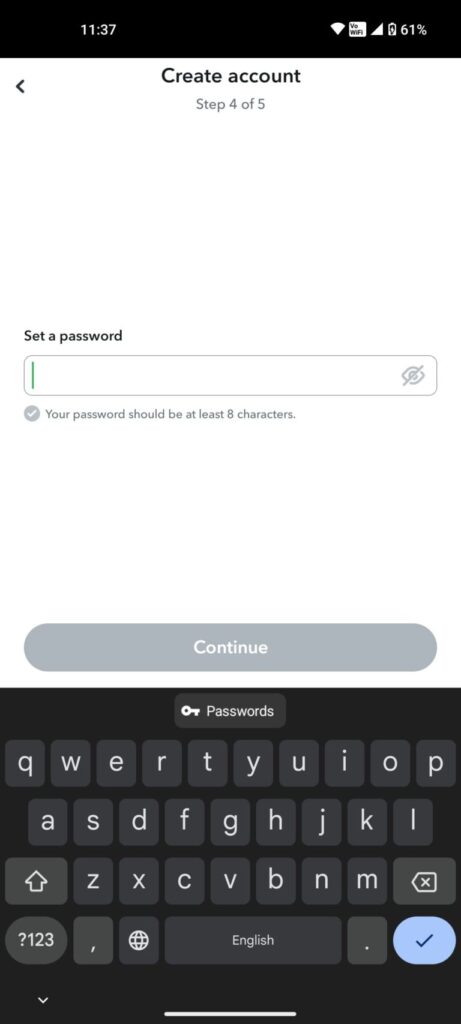 snapchatパスワードを入力してアカウントを作成