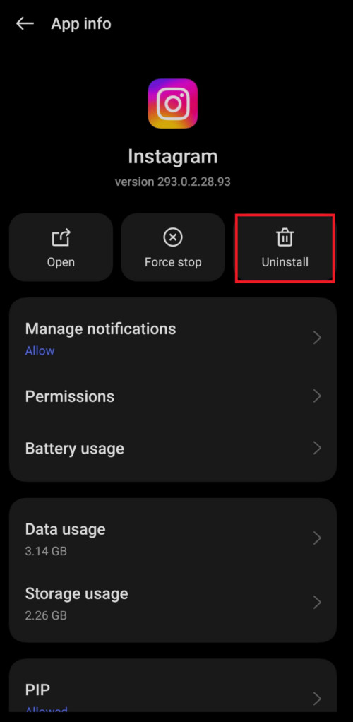 Instagramアプリのアンインストールまたは削除