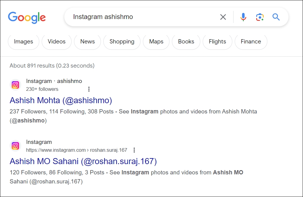 google 検索を使用して Instagram ハンドルを見つける